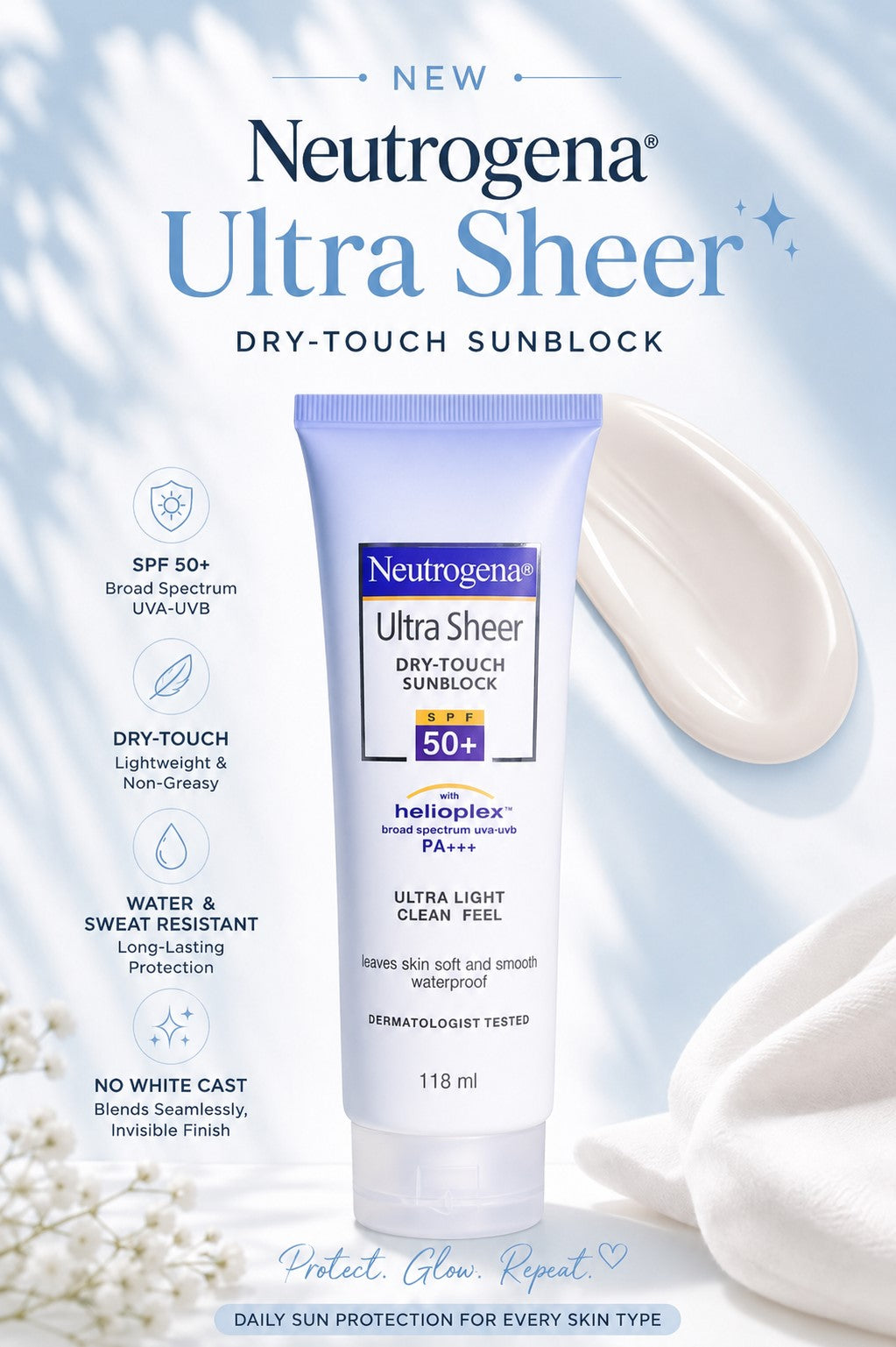 Lightweight broad spectrum UVA UVB sunscreen SPF 50+